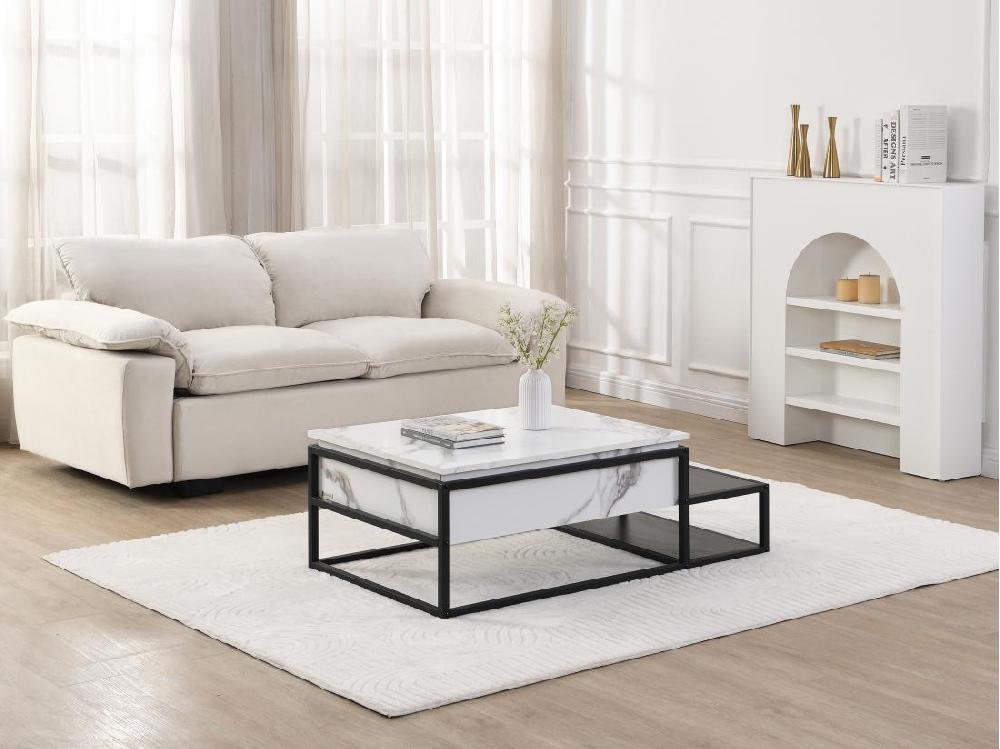 vente unique Table basse avec plateau relevable en MDF et métal - Effet marbre blanc et noir - LUTESA