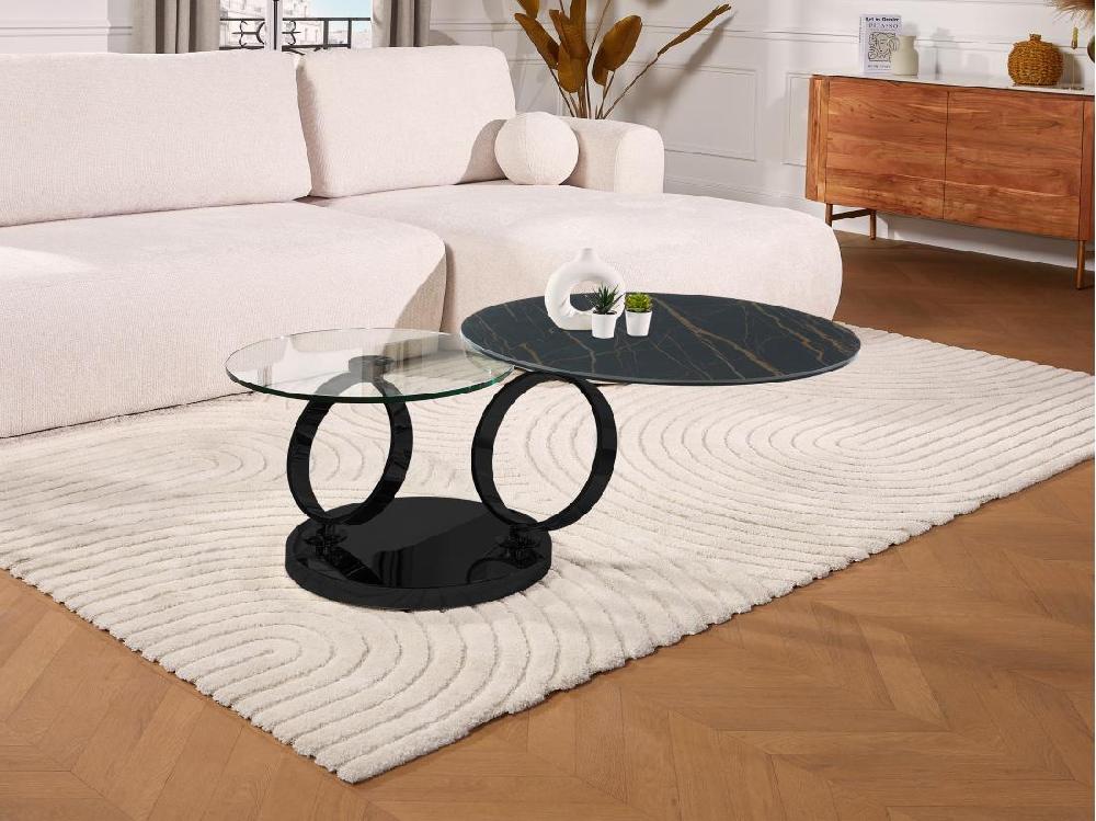 Vente Unique Table Basse Avec Plateaux Pivotants En Céramique Verre Trempé Et Métal - Effet Marbre Noir - JOLINE De Maison Céphy