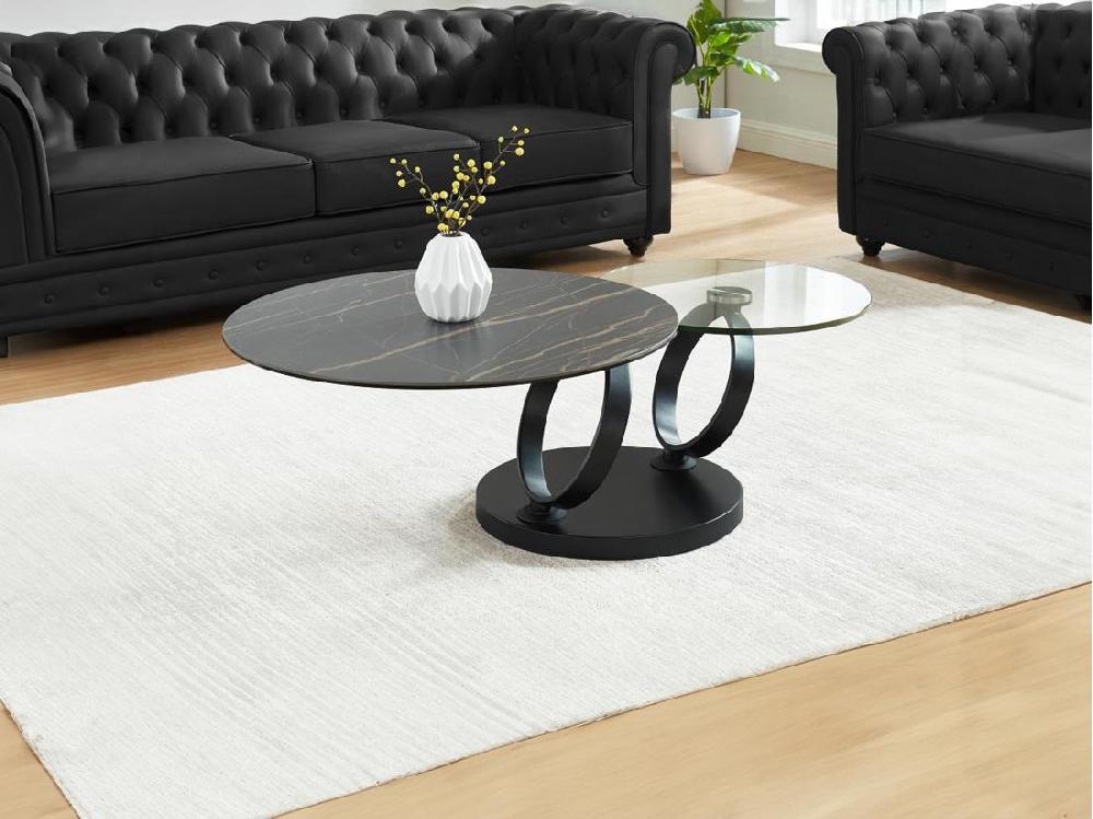 Vente Unique Table Basse Avec Plateaux Pivotants En Céramique Verre Trempé Et Métal - Effet Marbre Noir - JOLINE De Maison Céphy