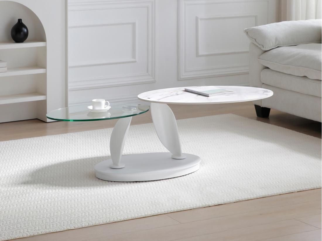 Vente Unique Table Basse Avec Plateaux Pivotants En Céramique Verre Trempé Et Métal - Effet Marbre Blanc - MANEYA De Maison Céphy