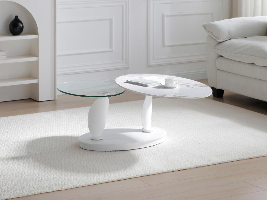 Vente Unique Table Basse Avec Plateaux Pivotants En Céramique Verre Trempé Et Métal - Effet Marbre Blanc - MANEYA De Maison Céphy