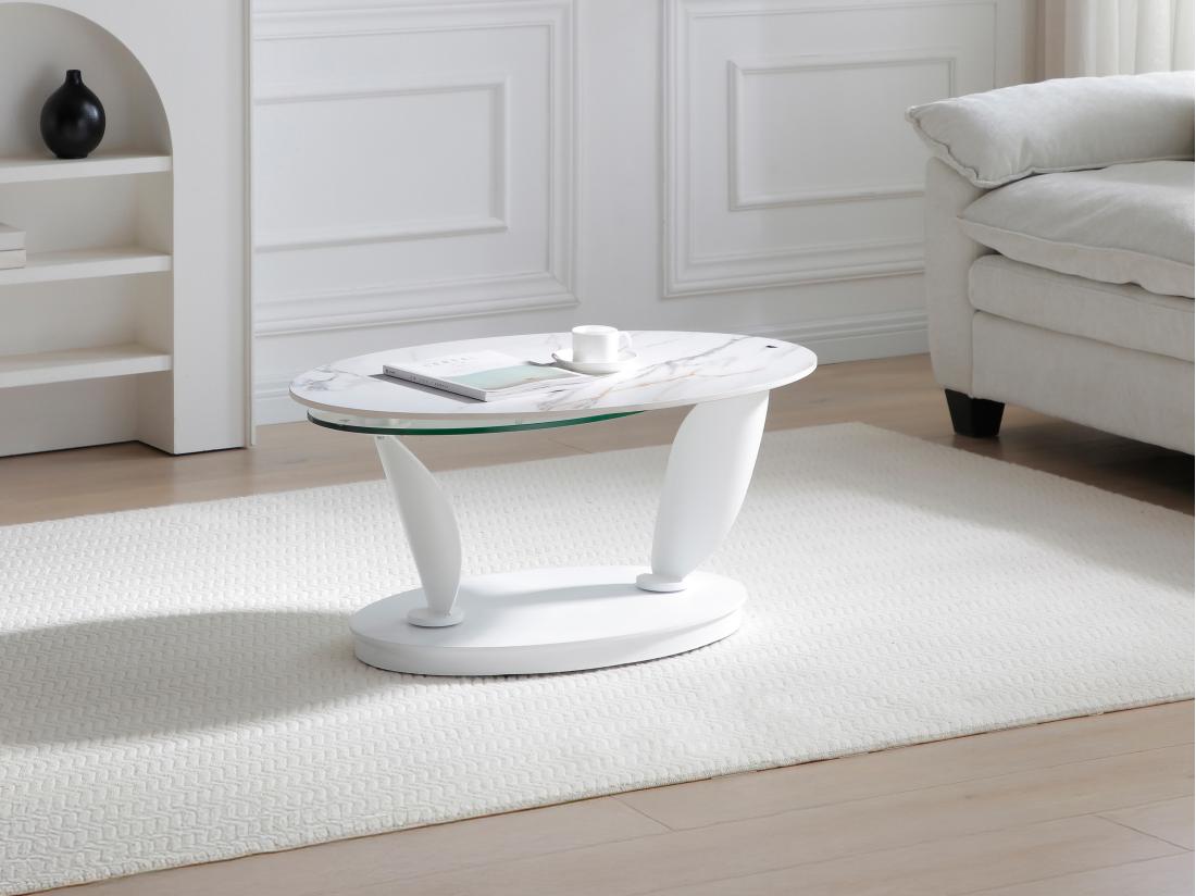 vente unique Table basse avec plateaux pivotants en céramique verre trempé et métal - Effet marbre blanc - MANEYA de Maison Céphy