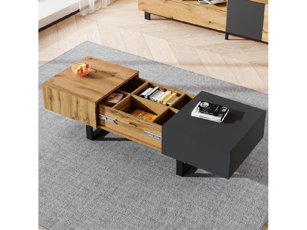 vente unique Table basse en bois et métal - avec rangements cachés - Naturel & Gris