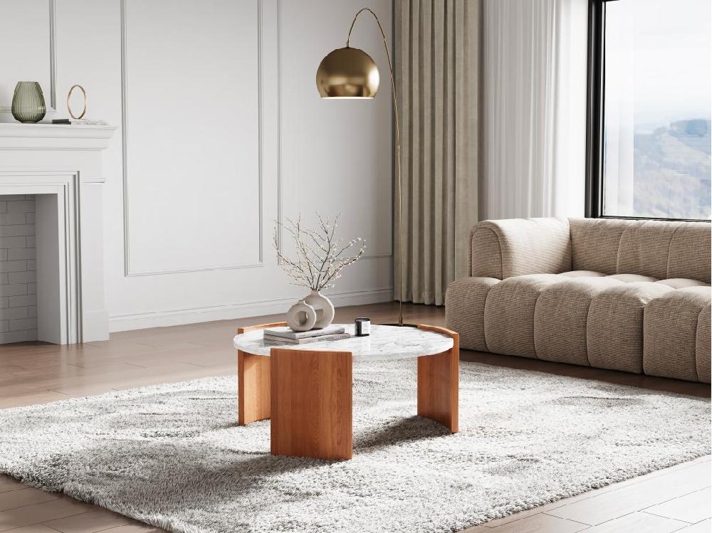 vente unique Table basse en marbre et bois de manguier - Blanc et Naturel clair - KAILA