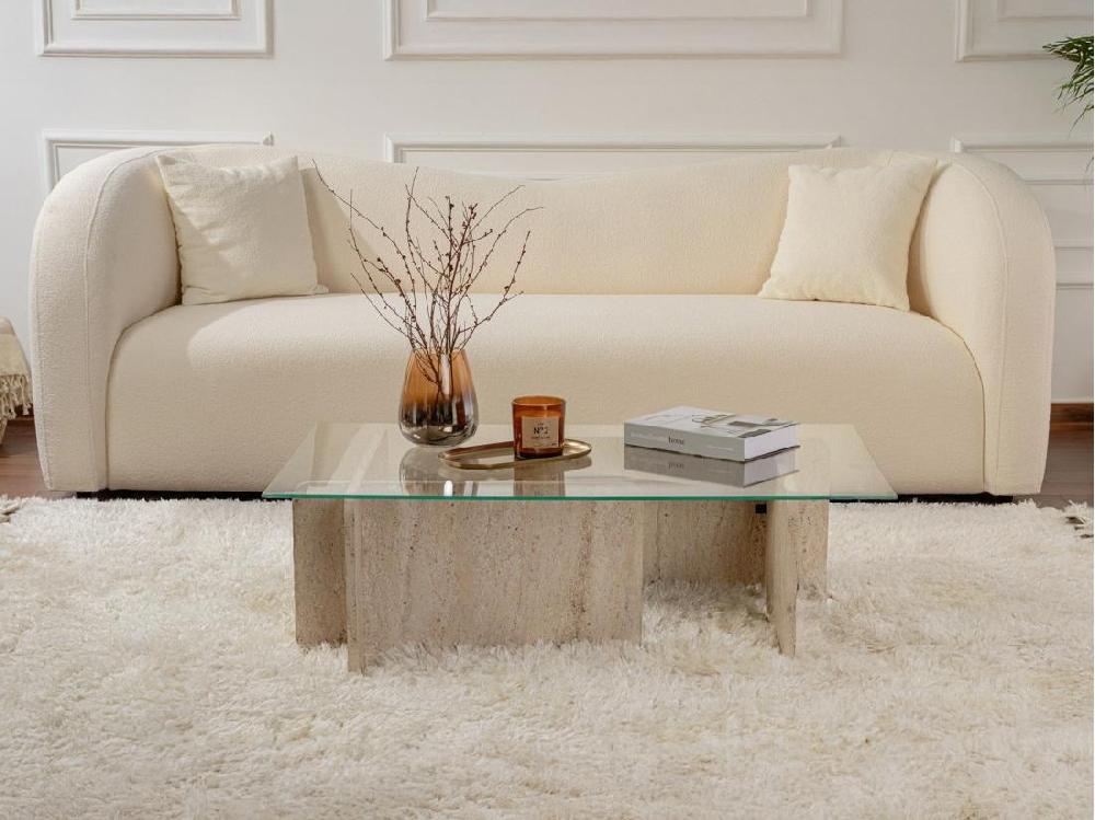 Vente Unique Table Basse En Verre Trempé - Effet Travertin Beige Et Transparent - AZRA