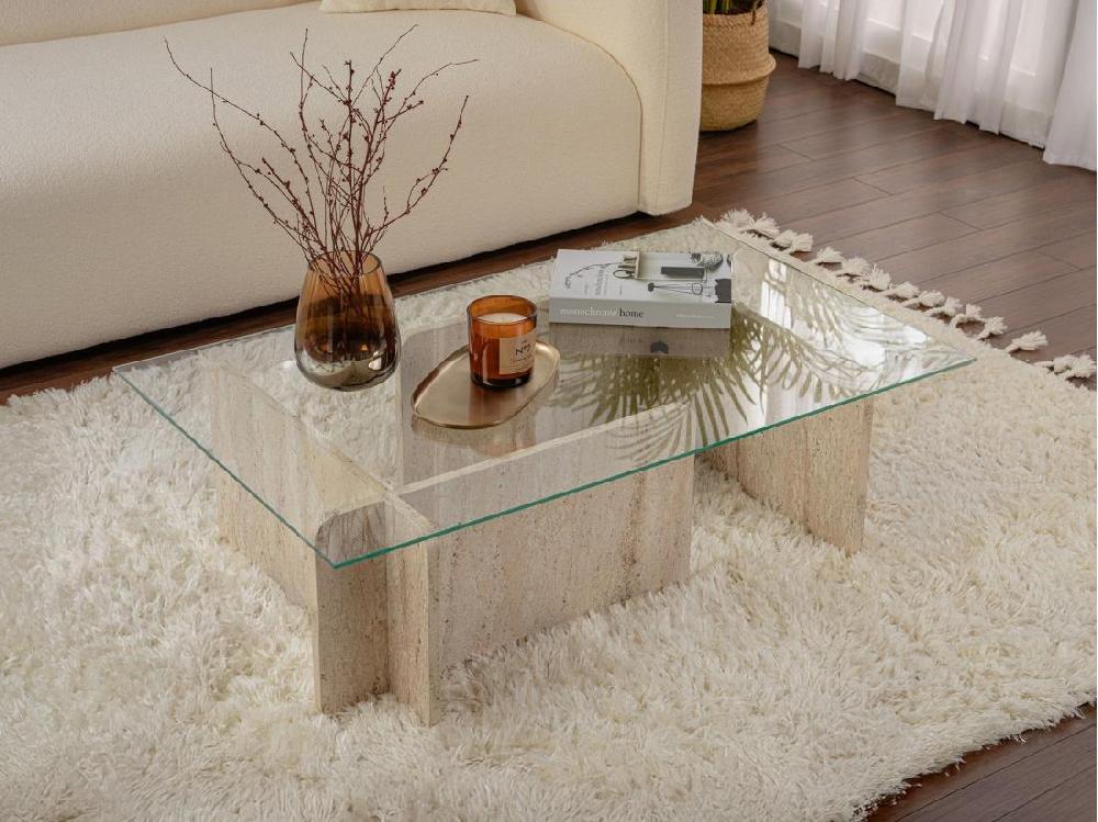 vente unique Table basse en verre trempé - Effet travertin beige et Transparent - AZRA