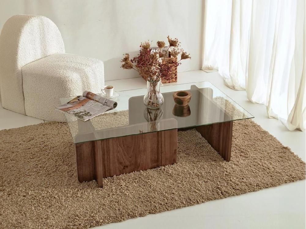 vente unique Table basse en verre trempé - Naturel foncé et Transparent - AZRA