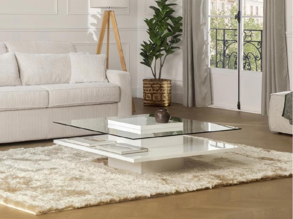 vente unique Table basse ISANIA - Verre trempé & MDF blanc