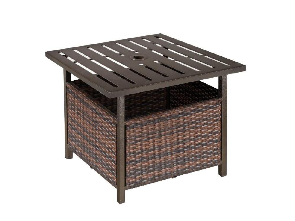 vente unique Table basse pied de parasol 2 en 1 résine tressée imitation rotin métal époxy chocolat