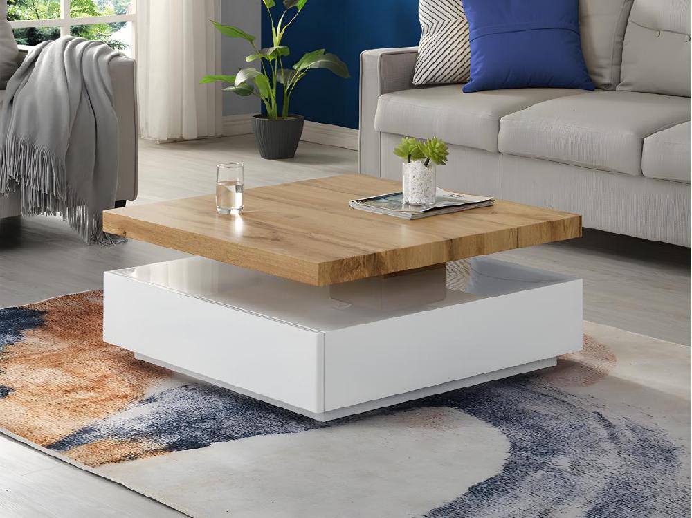 vente unique Table basse pivotante avec 1 tiroir en MDF - Blanc et Naturel - KYRIA