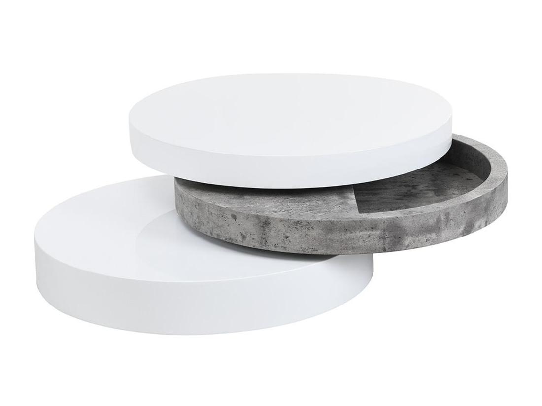 Vente Unique Table Basse Pivotante Ronde Avec 1 Niche En MDF - Béton Et Blanc - JANITA