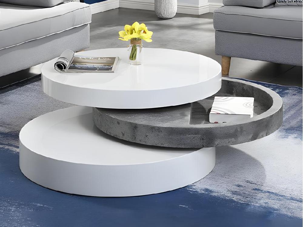 vente unique Table basse pivotante ronde avec 1 niche en MDF - Béton et blanc - JANITA