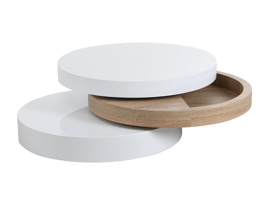 Vente Unique Table Basse Pivotante Ronde Avec 1 Niche En MDF - Blanc Et Naturel Clair - JANITA