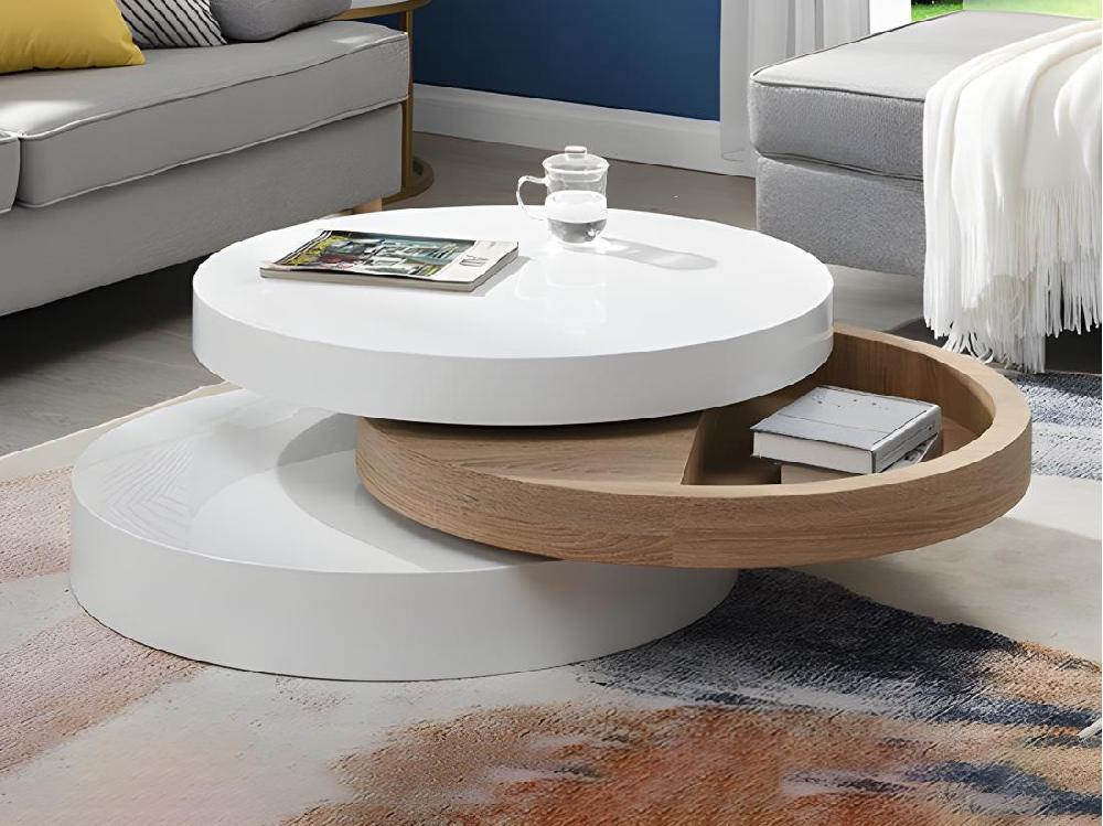 vente unique Table basse pivotante ronde avec 1 niche en MDF - Blanc et naturel clair - JANITA