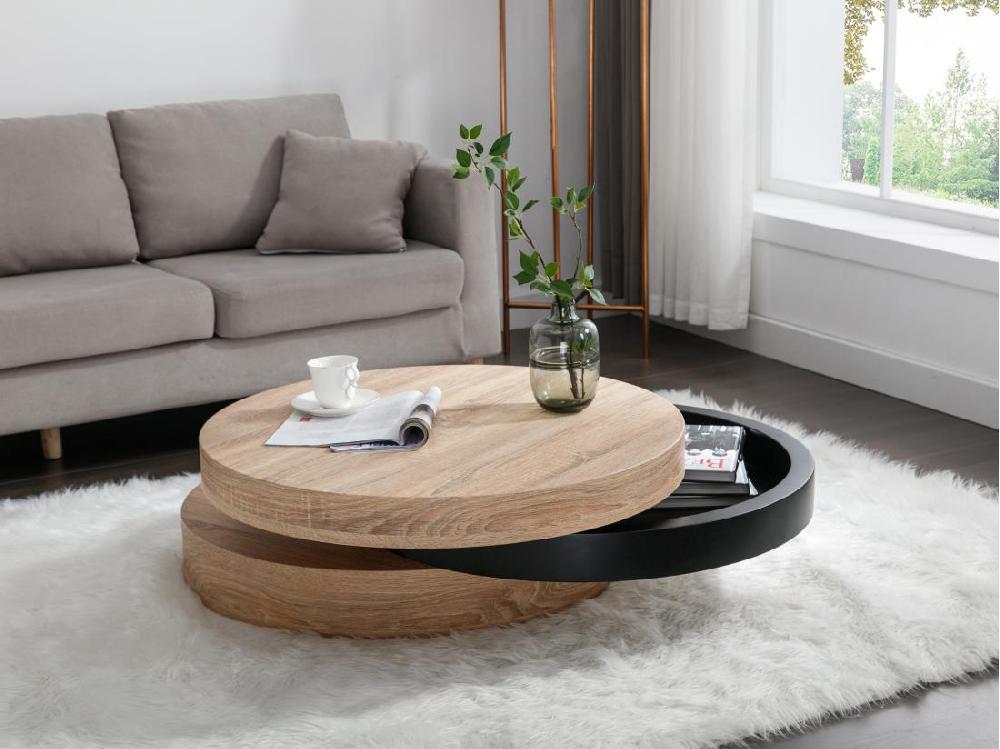 Vente Unique Table Basse Pivotante Ronde Avec 1 Niche En MDF - Noir Et Naturel Clair - JANITA