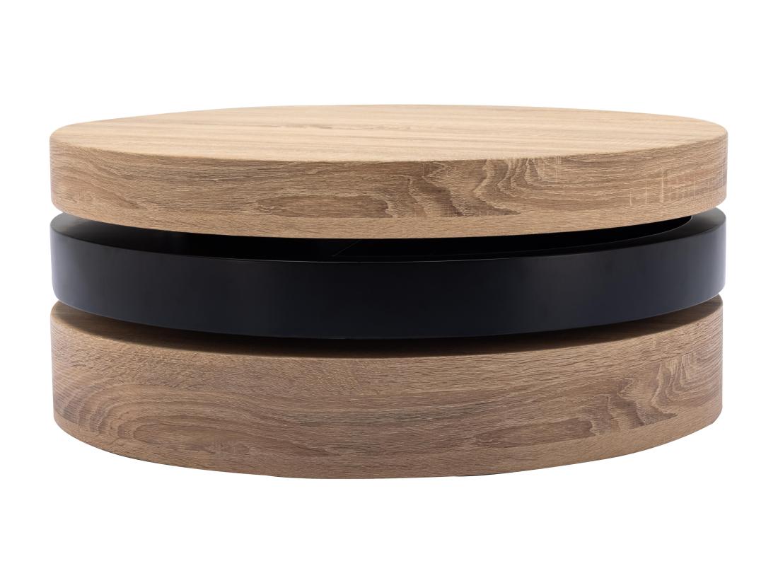 Vente Unique Table Basse Pivotante Ronde Avec 1 Niche En MDF - Noir Et Naturel Clair - JANITA