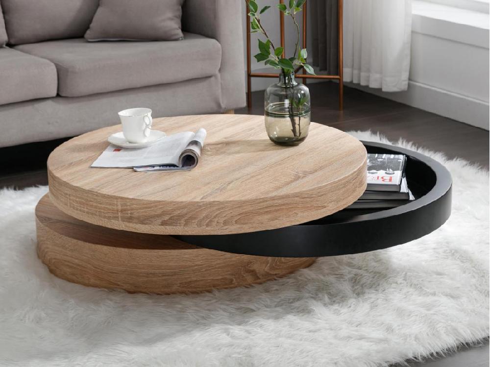 vente unique Table basse pivotante ronde avec 1 niche en MDF - Noir et naturel clair - JANITA