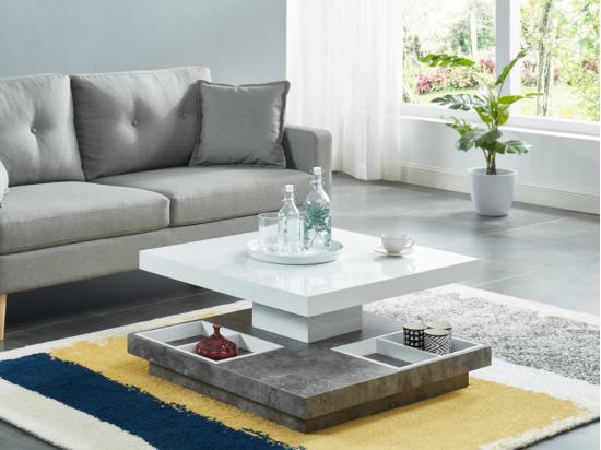 Vente Unique Table Basse - Plateau Pivotant - MDF Laqué Blanc Et Béton - FAUSTO II
