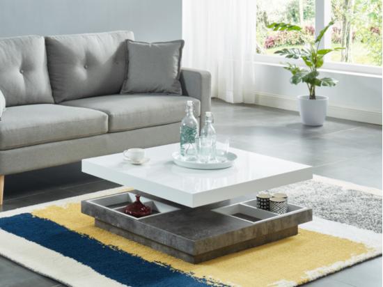 vente unique Table basse - Plateau pivotant - MDF laqué blanc et béton - FAUSTO II