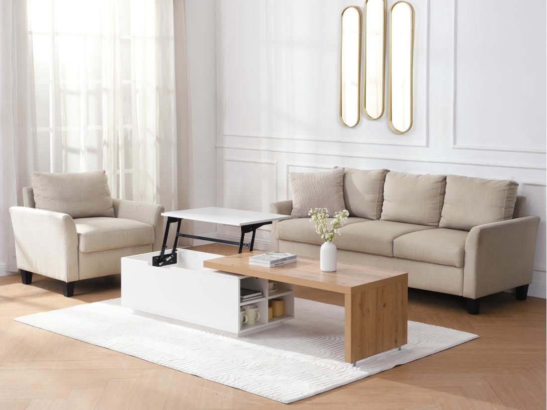Vente Unique Table Basse Relevable Et Pivotante En MDF - Naturel Et Blanc - PELINIA