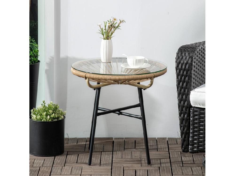 Vente Unique Table Basse Ronde De Jardin En Résine Aspect Rotin Métal Et Plateau Verre Trempé Ø 50 X 50H Cm Beige