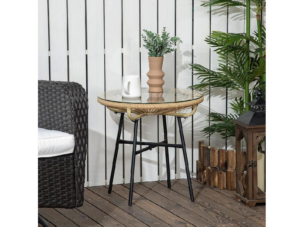 Vente Unique Table Basse Ronde De Jardin En Résine Aspect Rotin Métal Et Plateau Verre Trempé Ø 50 X 50H Cm Beige