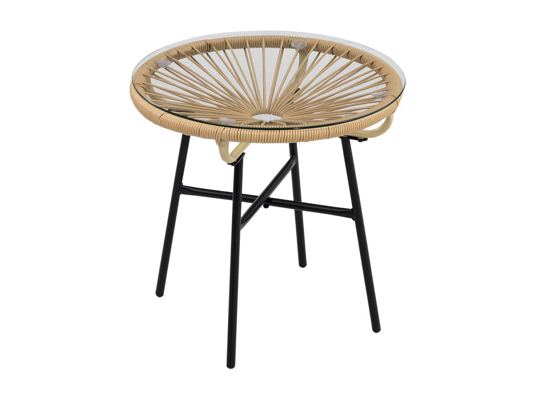 vente unique Table basse ronde de jardin en résine aspect rotin métal et plateau verre trempé Ø 50 x 50H cm beige