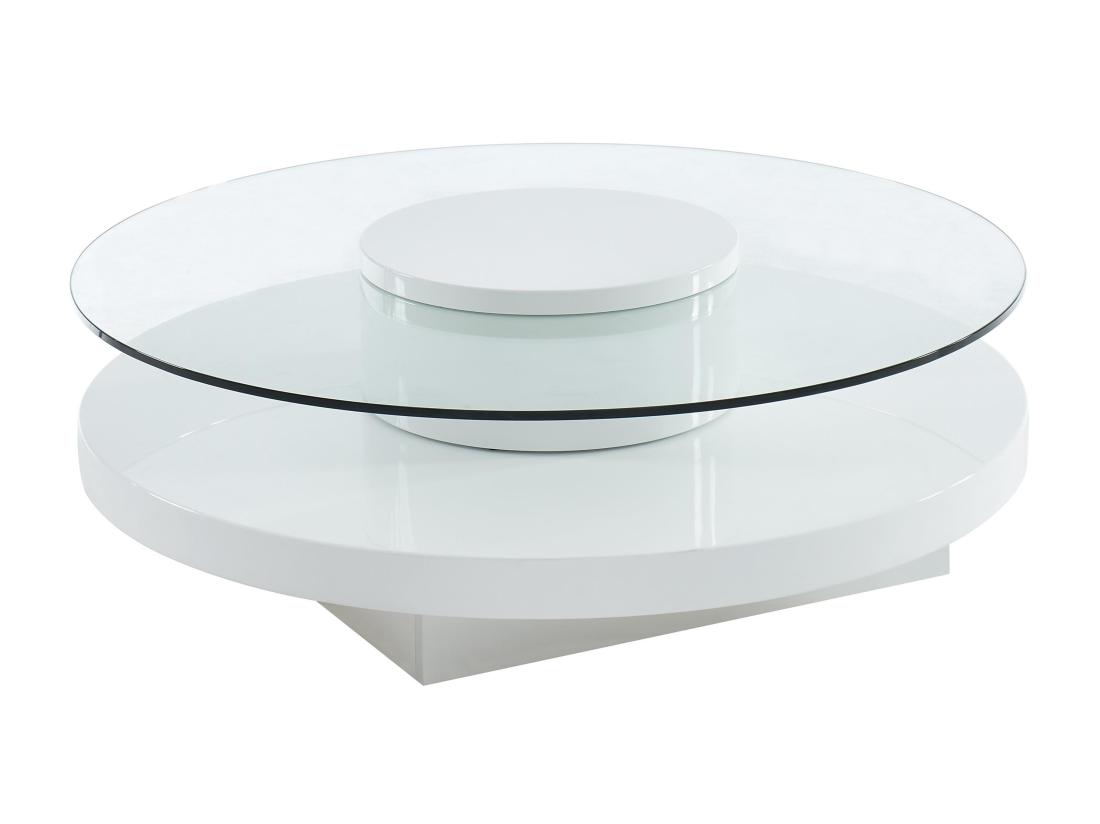 Vente Unique Table Basse RYHALI - Plateau Pivotant - Verre Trempé & MDF Blanc