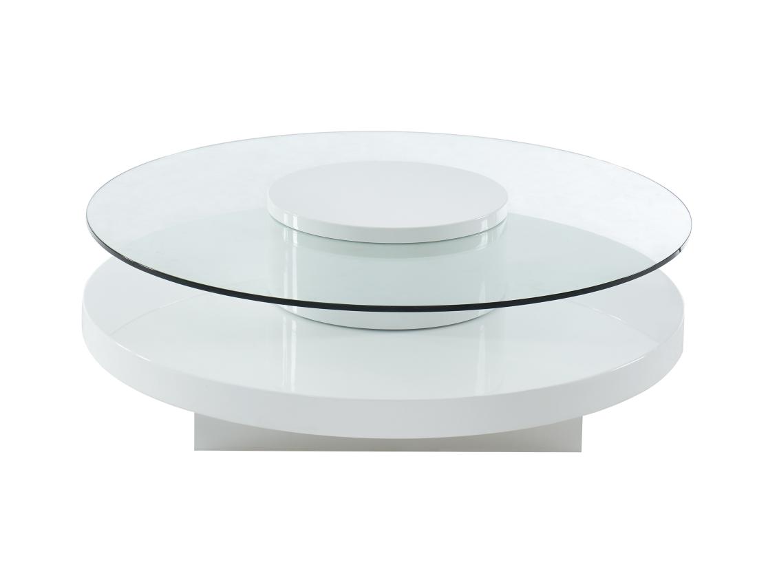 Vente Unique Table Basse RYHALI - Plateau Pivotant - Verre Trempé & MDF Blanc