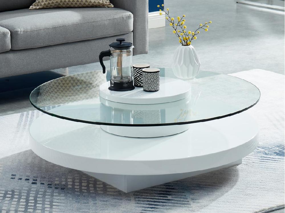 Vente Unique Table Basse RYHALI - Plateau Pivotant - Verre Trempé & MDF Blanc