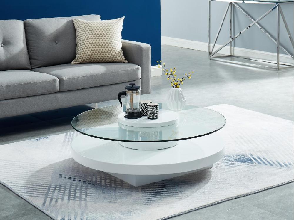 vente unique Table basse RYHALI - Plateau pivotant - Verre trempé & MDF blanc