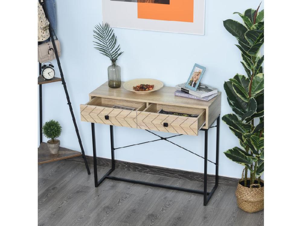 Vente Unique Table Console Industriel 2 Tiroirs Bois Naturel Pieds Métal Dim. 90 X 35 X 76 Cm