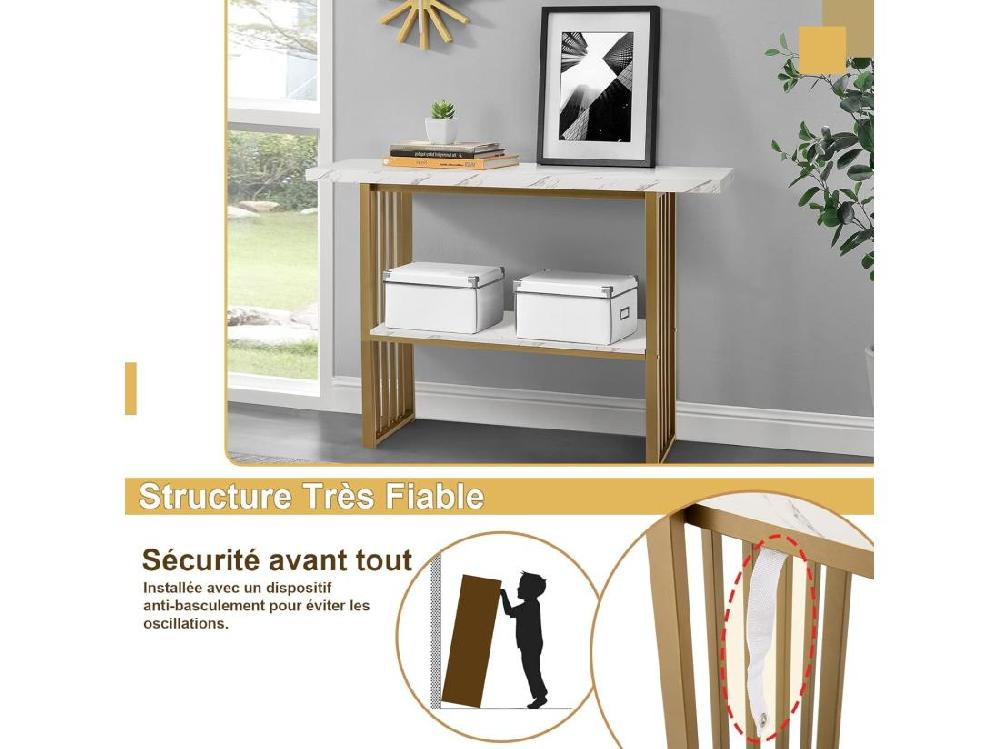 Vente Unique Table Console Marbre à 2 Niveaux Scandinave Meuble D'Entrée Doré Cadre En Métal Console Meuble Pour Entrée Salon Chambre Doré