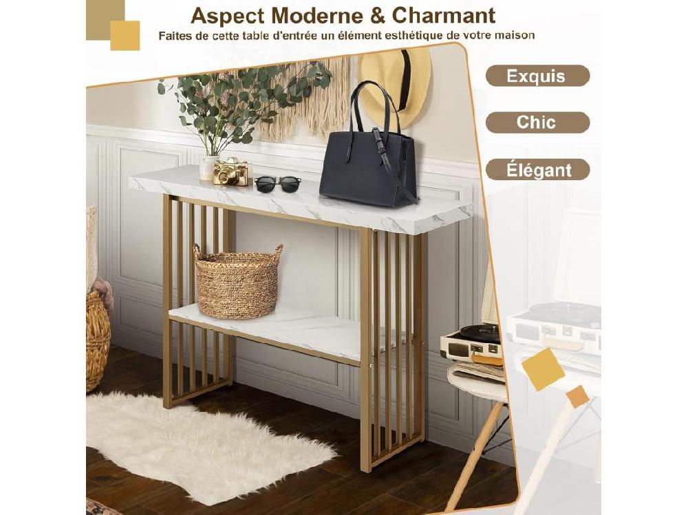 Vente Unique Table Console Marbre à 2 Niveaux Scandinave Meuble D'Entrée Doré Cadre En Métal Console Meuble Pour Entrée Salon Chambre Doré
