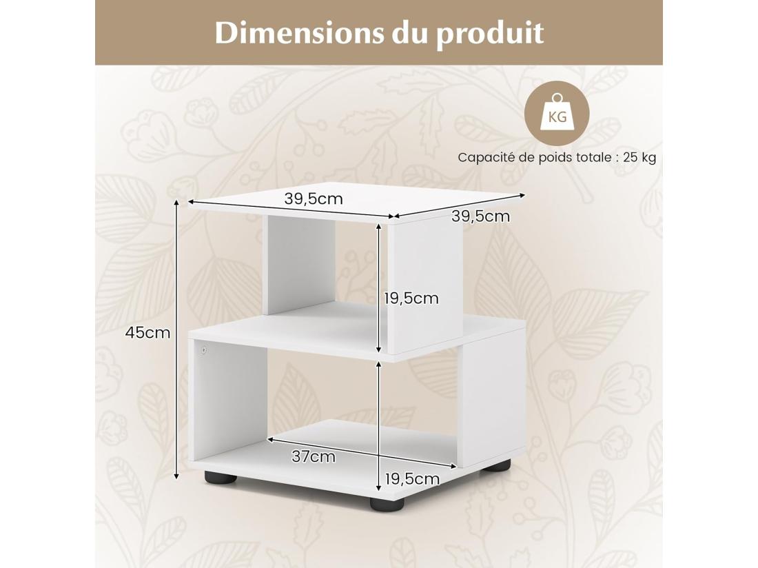 vente unique Table d'appoint 3 étagères avec 4 coussinet antidérapants 39 5 x 39 5 x 45 cm