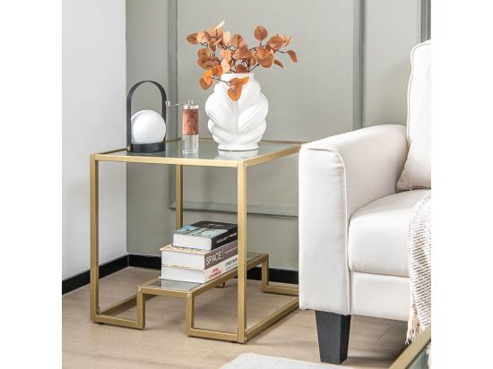 Vente Unique Table D'appoint à 2 étagères En Verre Bout De Canapé Doré 56x56cm Avec Repose-pieds