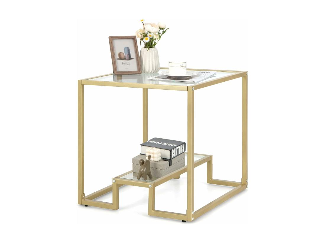 vente unique Table d'appoint à 2 étagères en verre bout de canapé doré 56x56cm avec repose-pieds