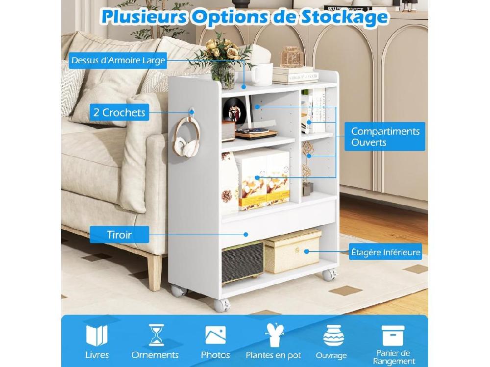 Vente Unique Table D’Appoint à Roulette Meuble Tourne-Disque Vinyle 5 Compartiments (Blanc)