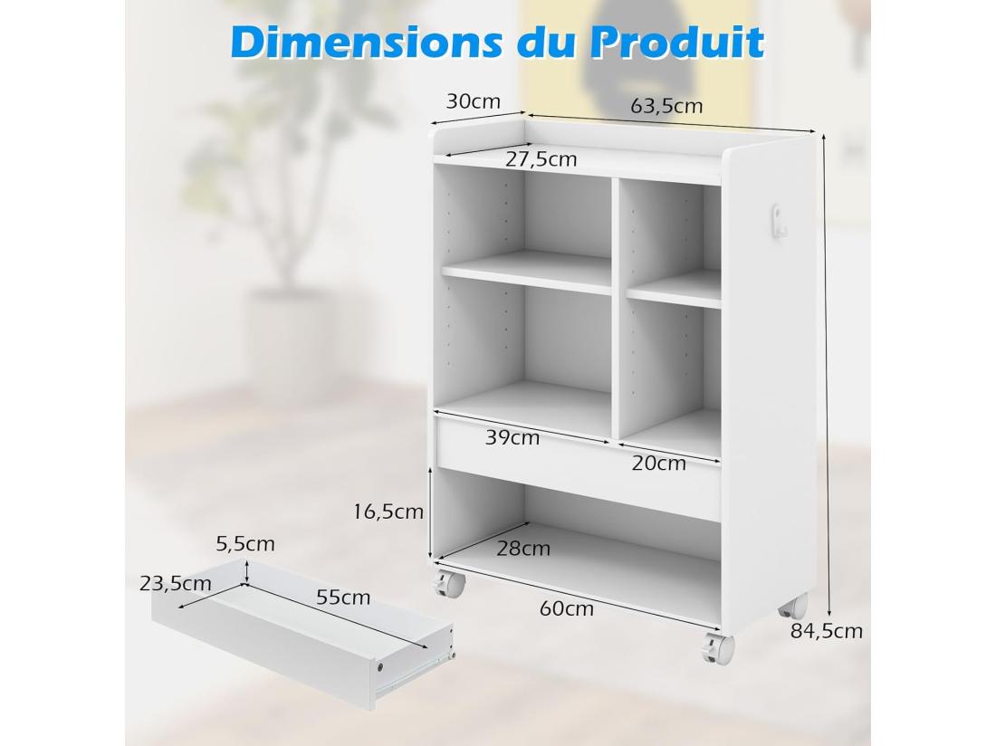 vente unique Table d’Appoint à Roulette Meuble Tourne-Disque Vinyle 5 Compartiments (Blanc)