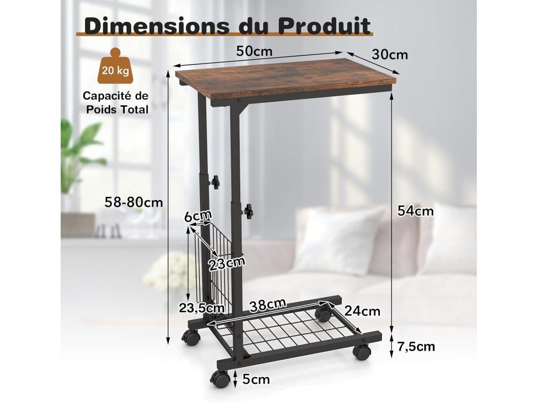 Vente Unique Table D'appoint à Roulettes Avec Porte-revues Hauteur Réglable 58-80 Cm(marron Rustique)