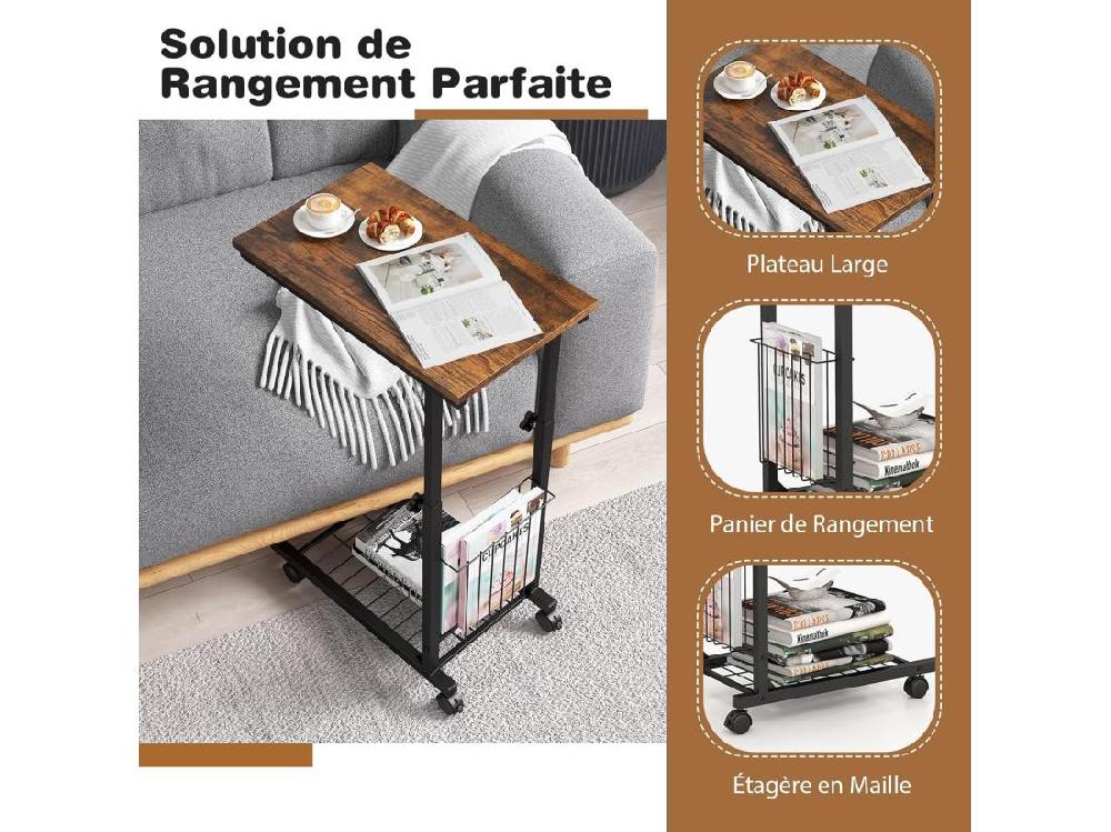 Vente Unique Table D'appoint à Roulettes Avec Porte-revues Hauteur Réglable 58-80 Cm(marron Rustique)