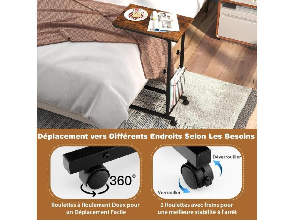 Vente Unique Table D'appoint à Roulettes Avec Porte-revues Hauteur Réglable 58-80 Cm(marron Rustique)