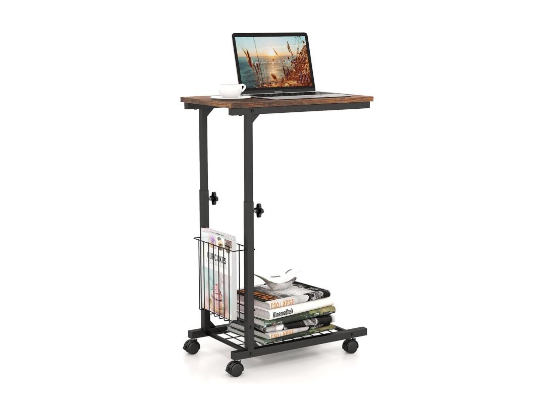vente unique Table d'appoint à roulettes avec porte-revues hauteur réglable 58-80 cm(marron rustique)