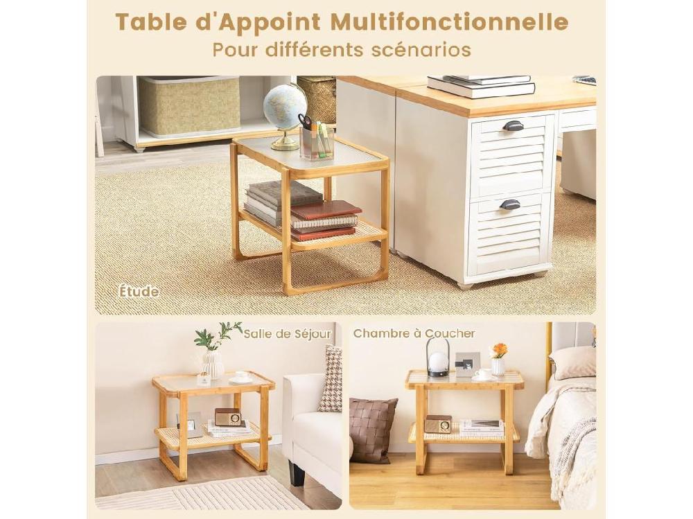 Vente Unique Table D’appoint Avec étagère En Rotin Pe Avec Bohême 70 5 X 44 5 X 54 5 Cm