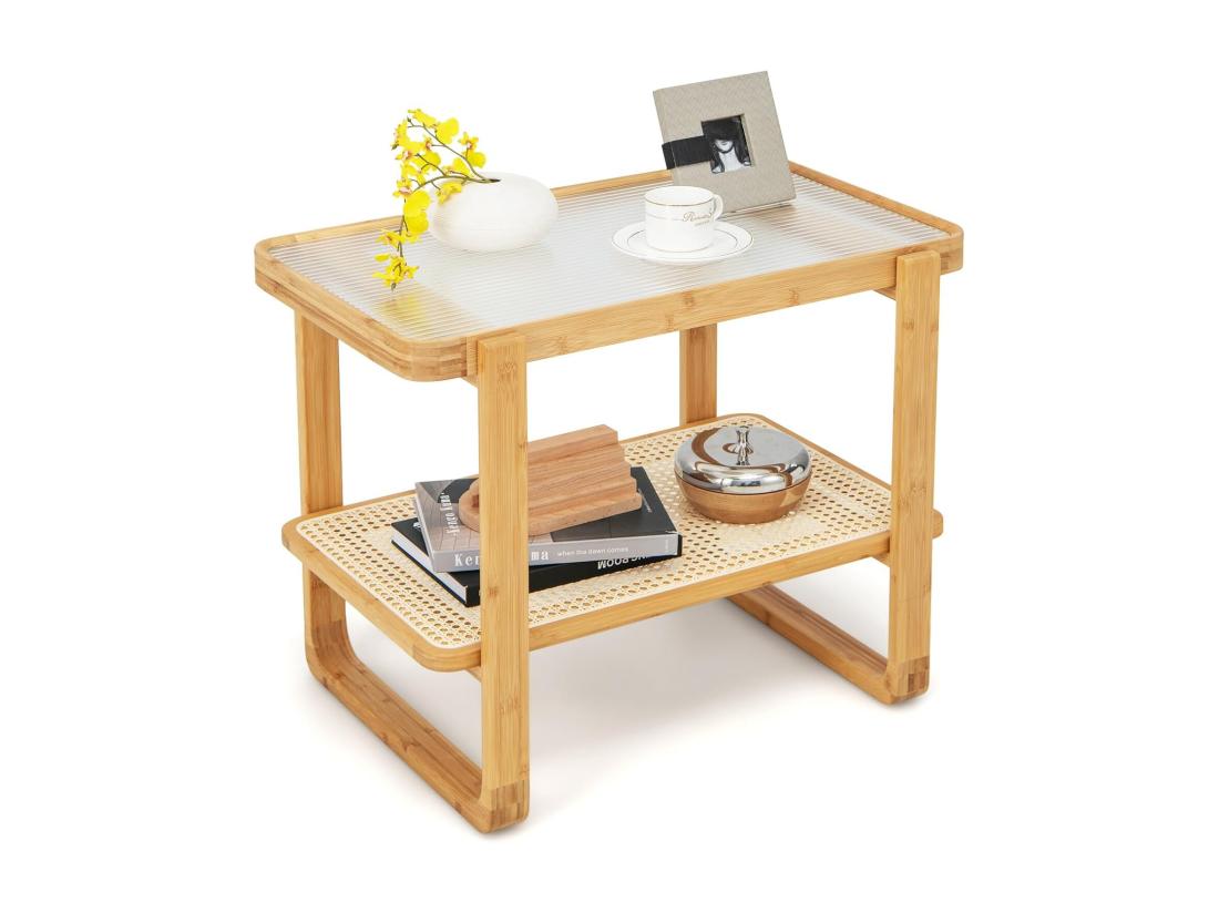 vente unique Table d’appoint avec étagère en rotin pe avec bohême 70 5 x 44 5 x 54 5 cm