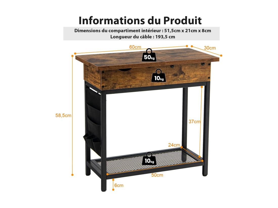 Vente Unique Table D'appoint Avec Prise D’alimentation 60 X 30 X 58 5 Cm Marron Rustique Et Noir