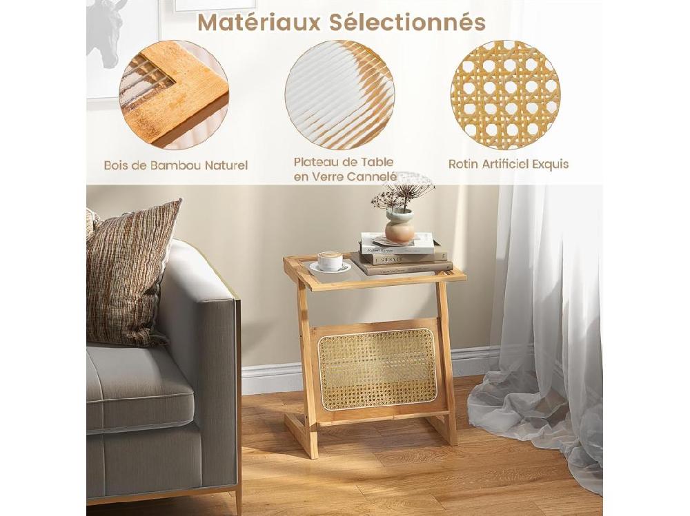 Vente Unique Table D’Appoint Bohême Avec Porte-Revues En Rotin Bout De Canape En Bambou Avec Plateau En Verre Trempé Petite Table D’Appoint Salon 50 X 36 X 56 Cm (Z Jaune)