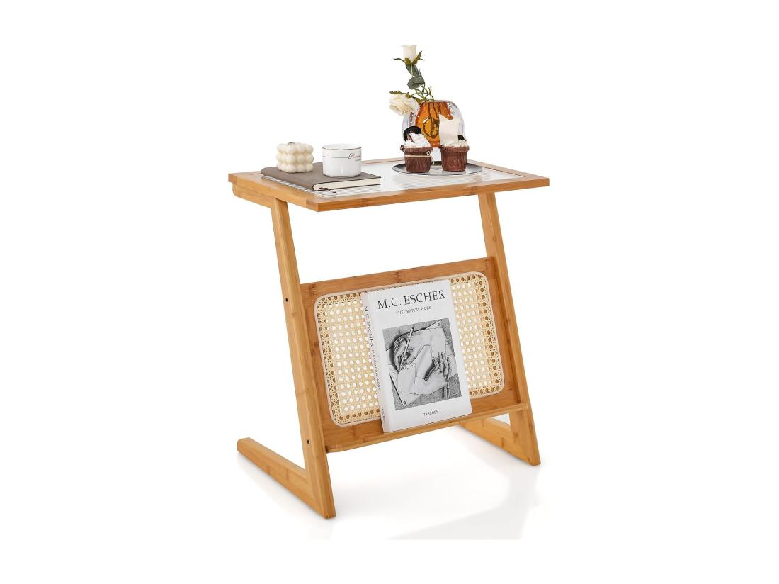 Vente Unique Table D’Appoint Bohême Avec Porte-Revues En Rotin Bout De Canape En Bambou Avec Plateau En Verre Trempé Petite Table D’Appoint Salon 50 X 36 X 56 Cm (Z Jaune)