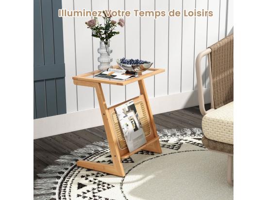 vente unique Table d’Appoint Bohême avec Porte-Revues en Rotin Bout de Canape en Bambou avec Plateau en Verre Trempé Petite Table d’Appoint Salon 50 x 36 x 56 cm (Z Jaune)