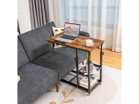 Vente Unique Table D’Appoint Bout De Canapé En Forme C Plateau Réglable En 5 Angles Hauteur Réglable 64-92cm 2 Étagères Table De Lit à Roulette Style Industriel (Brun)